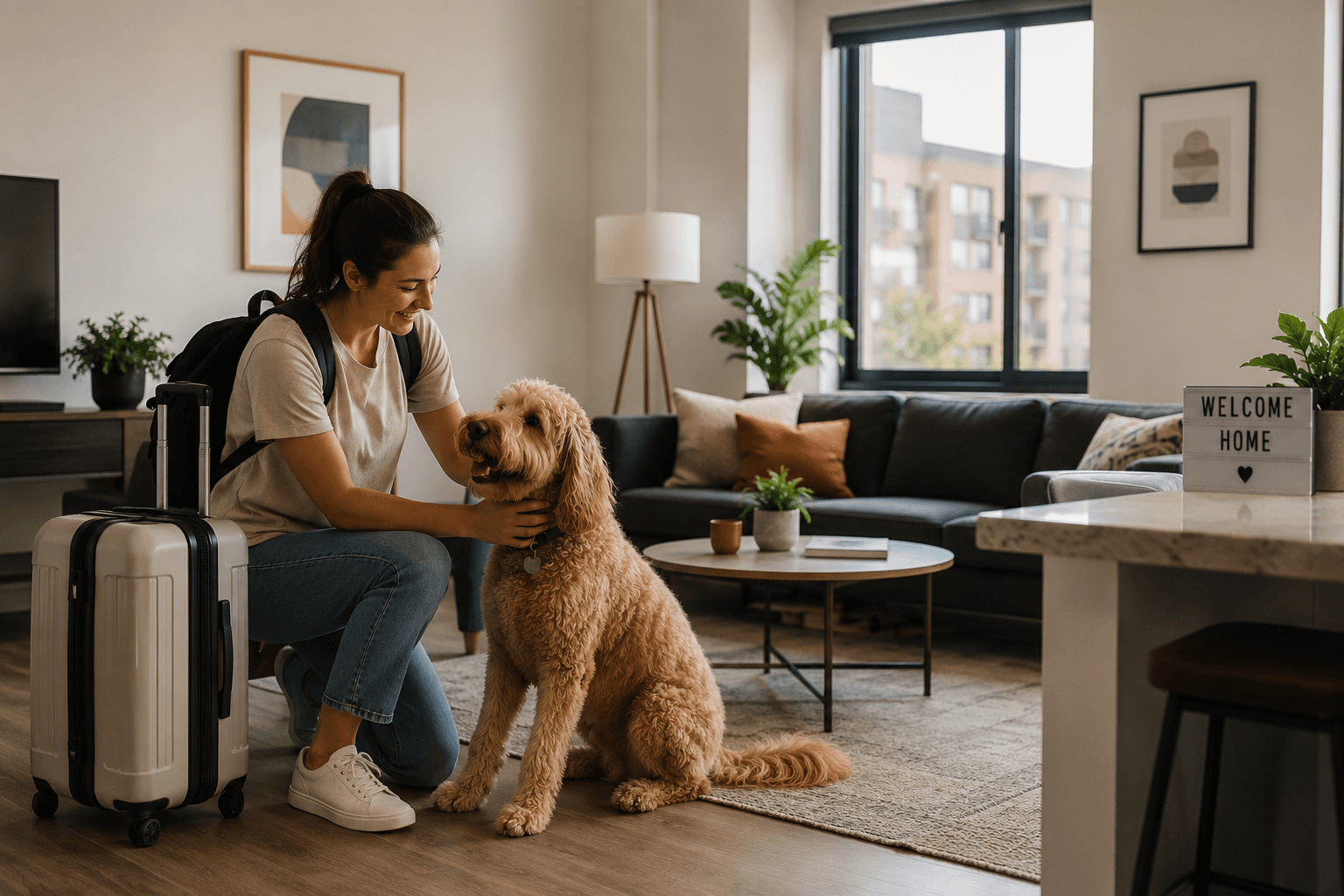 Traveler arriving at a pet-friendly apartment with her dog