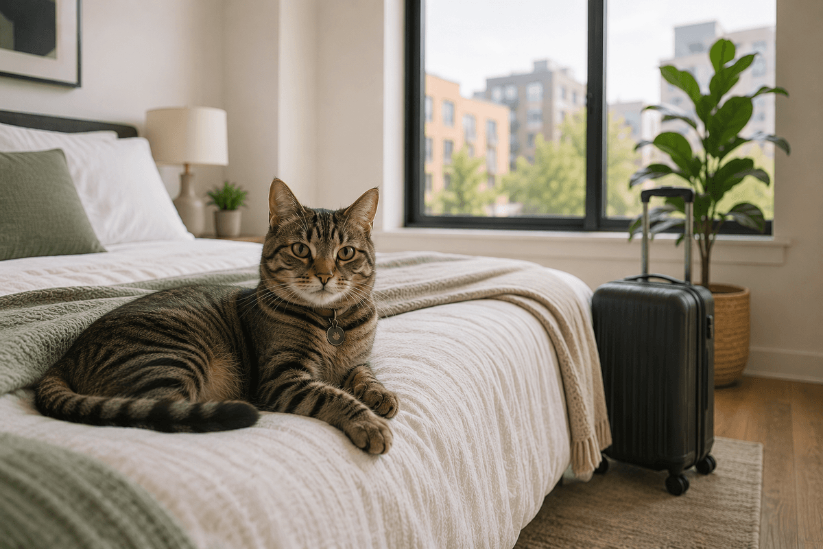 Cat relaxing on a bed in a pet-friendly apartment