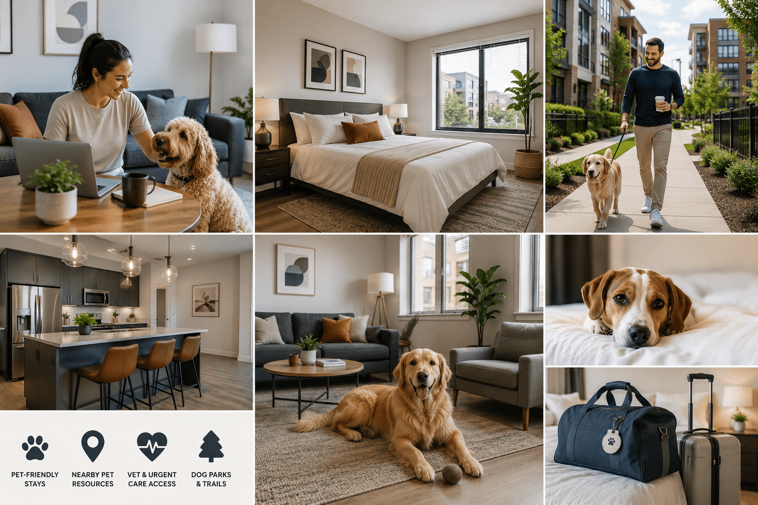 A collage showing pet-friendly stays: working from home with a dog, a clean bedroom, walking outside, a modern kitchen, and a golden retriever relaxing